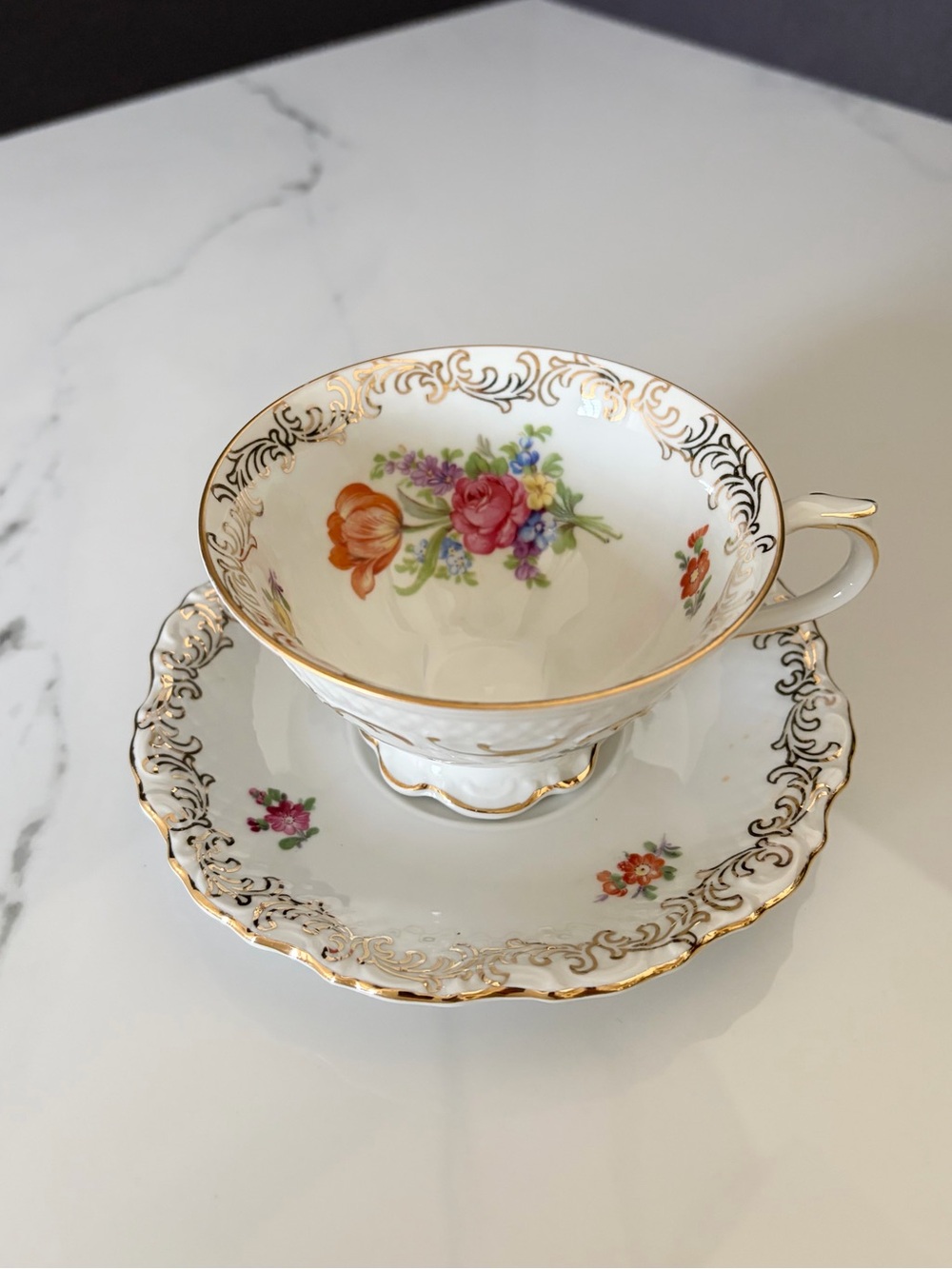 Floral and Gold Accented Cup & Saucer - Schumann